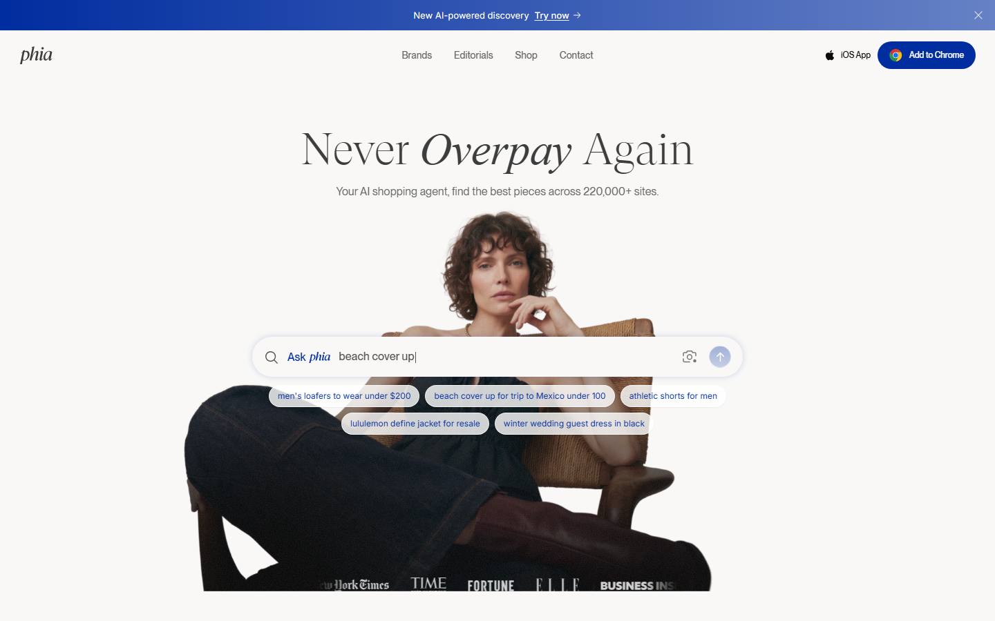Phia's homepage with the headline Never Overpay Again, captured 8 October 2026.
