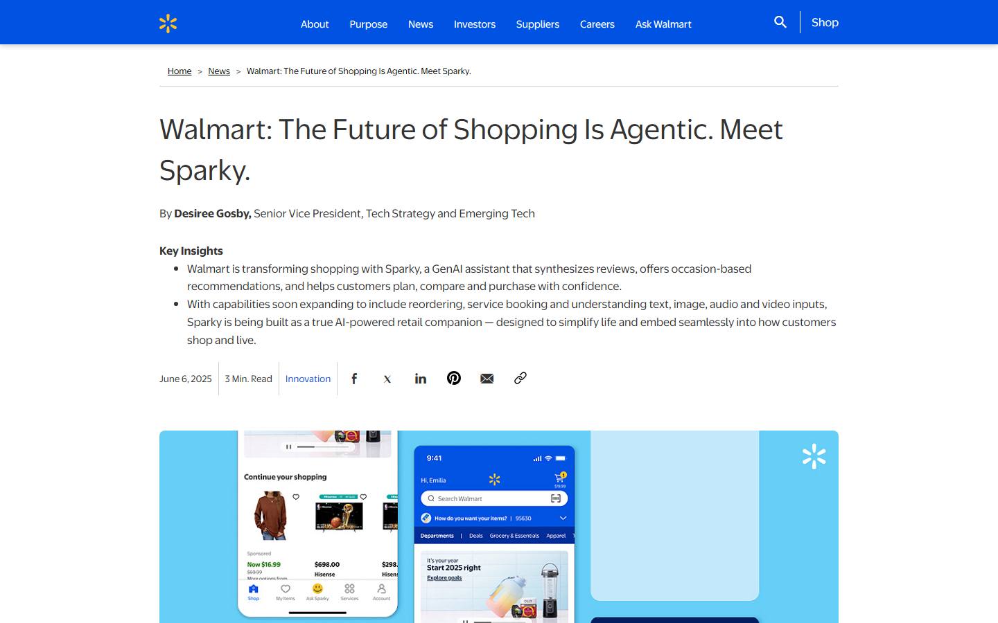 Walmart's corporate news post titled The Future of Shopping Is Agentic. Meet Sparky, dated 6 June 2025, captured 8 October 2026.
