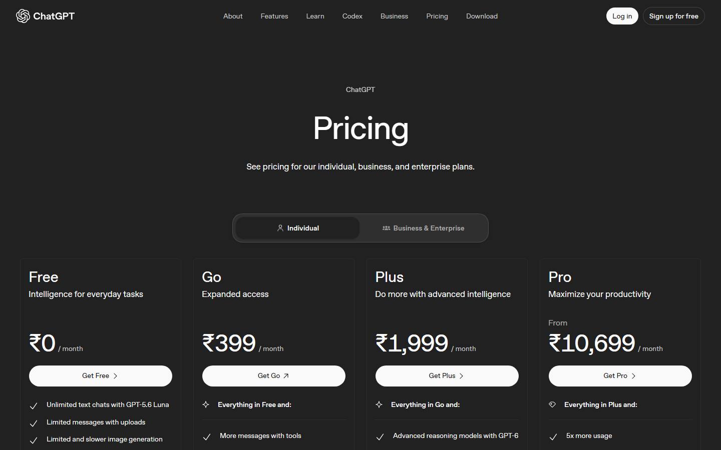 OpenAI's ChatGPT pricing page opened from India, showing four individual plan cards quoting rupees: Free at ₹0 per month, Go at ₹399 per month, Plus at ₹1,999 per month and Pro from ₹10,699 per month, with the Free card listing unlimited text chats, limited messages with uploads and limited, slower image generation.