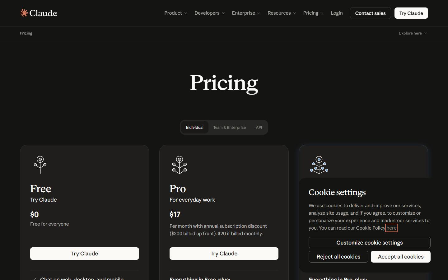 Anthropic's pricing page on a dark background, with an Individual, Team and Enterprise, API toggle above plan cards: Free at $0 labelled free for everyone, and Pro at $17 with the line per month with annual subscription discount, $200 billed up front, $20 if billed monthly. A cookie settings panel covers the third card.