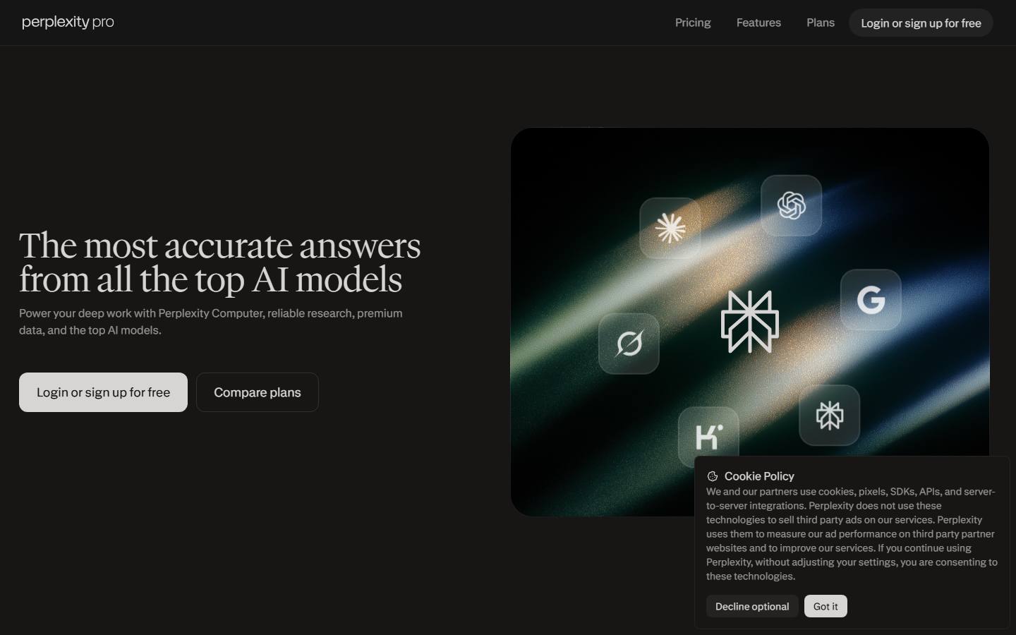 The top of the perplexity.ai/pro page, dark themed, carrying the vendor's own marketing headline beside a graphic of assorted AI model logos, with Login or sign up for free and Compare plans buttons and a cookie policy panel in the corner. No plan price is visible in this part of the page.