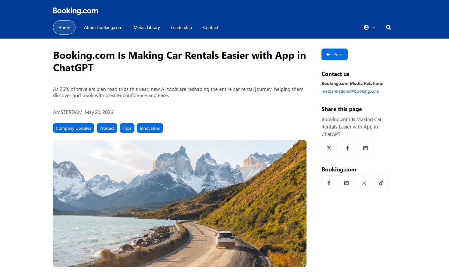 Booking.com's newsroom post 'Booking.com Is Making Car Rentals Easier with App in ChatGPT', dated 20 May 2026, as it appeared on 8 October 2026.