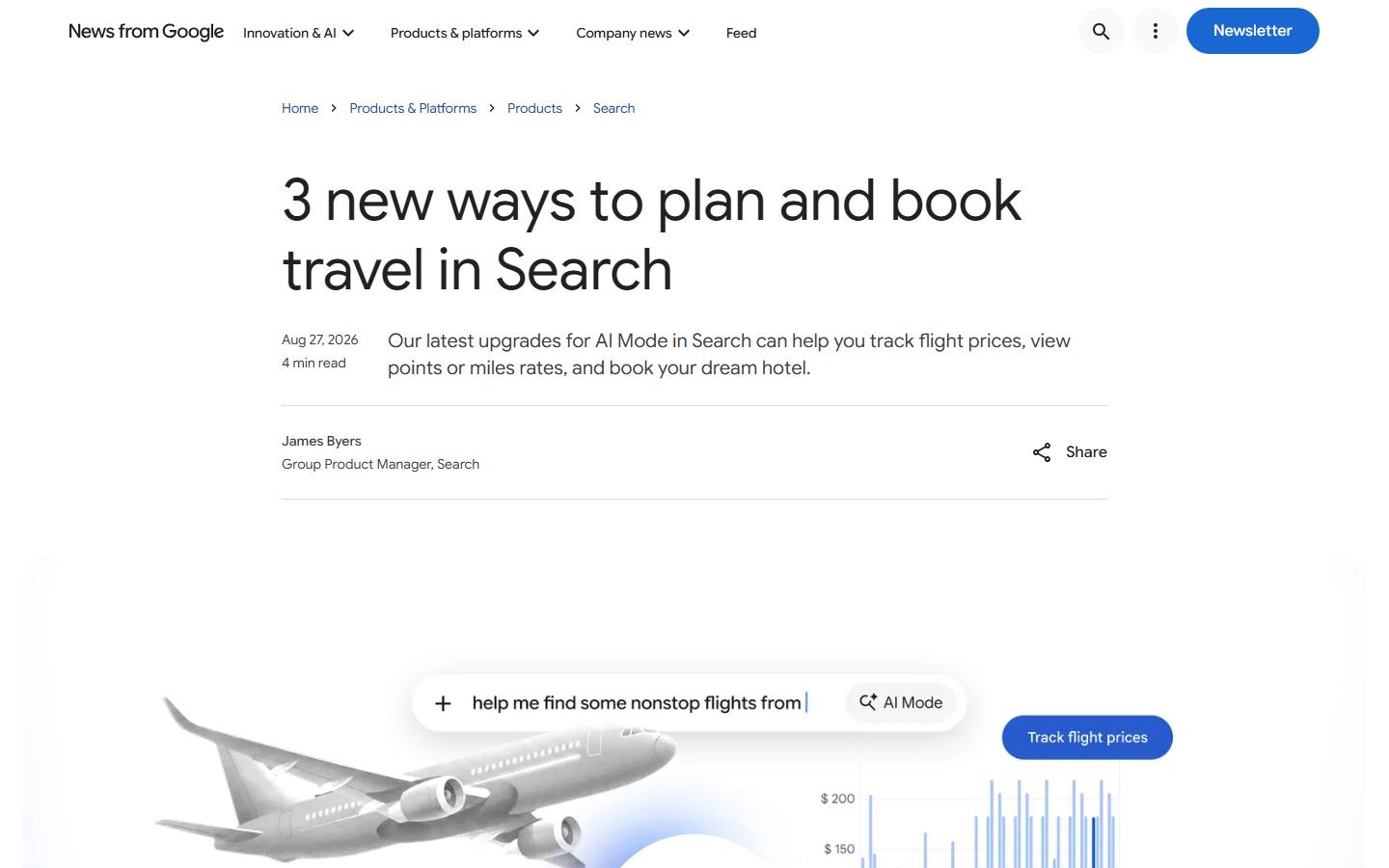 Google's blog post '3 new ways to plan and book travel in Search', dated 27 August 2026, as it appeared on 8 October 2026.