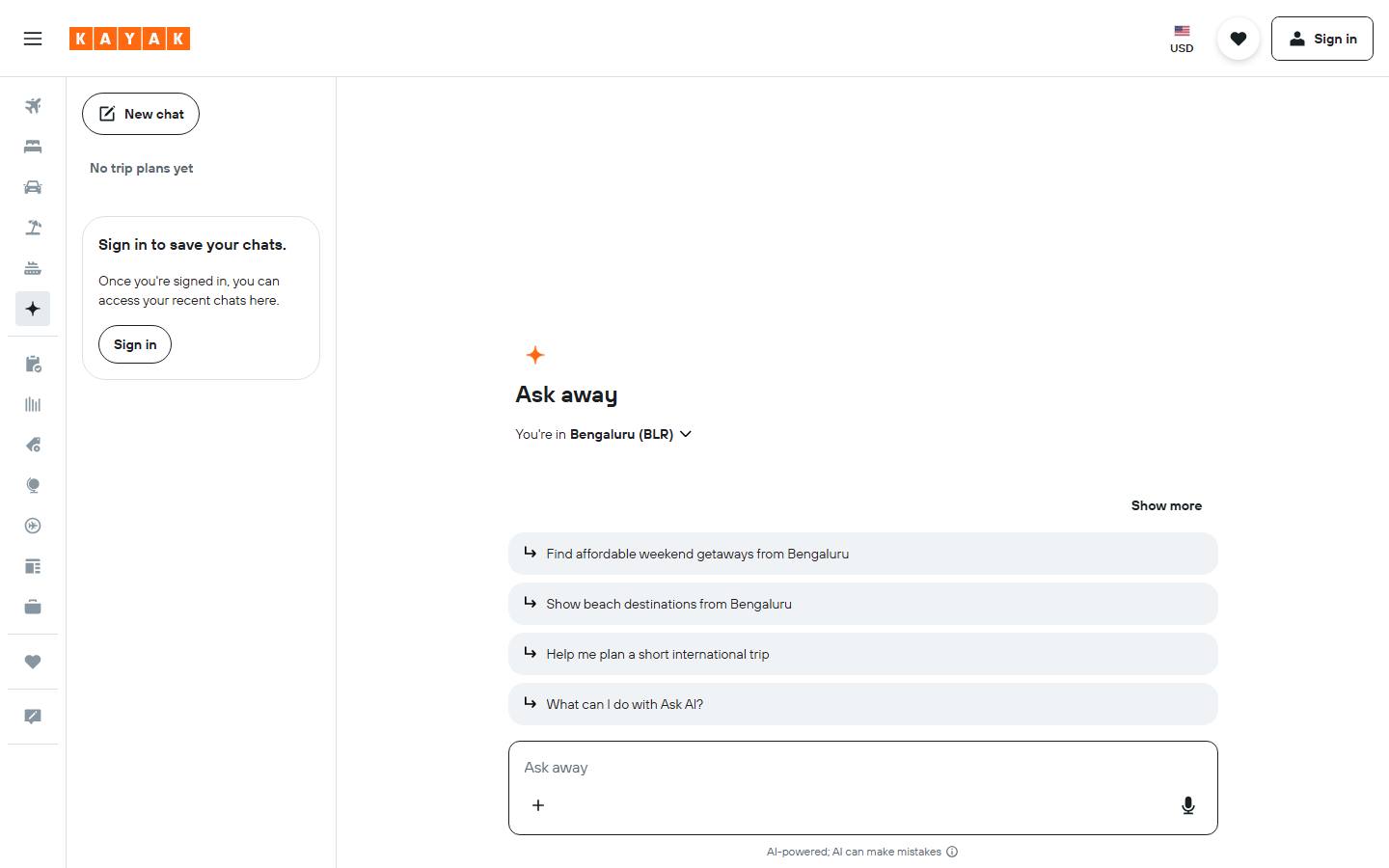 KAYAK's Ask AI chat page on 8 October 2026, captured from India, so it reads 'You're in Bengaluru (BLR)' and suggests Bengaluru prompts.