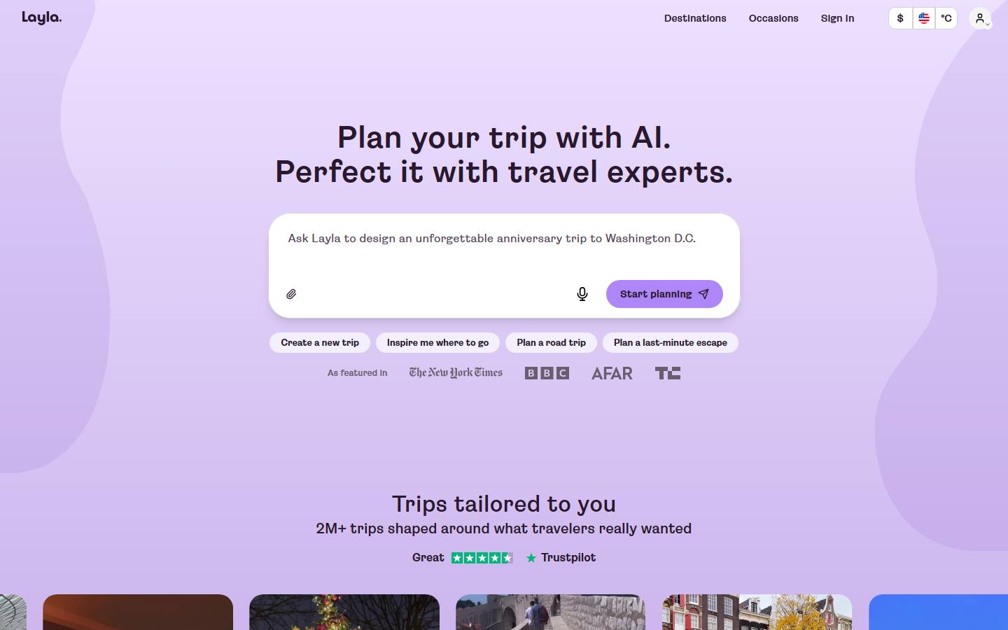 Layla's homepage on 8 October 2026, headlined 'Plan your trip with AI. Perfect it with travel experts.'