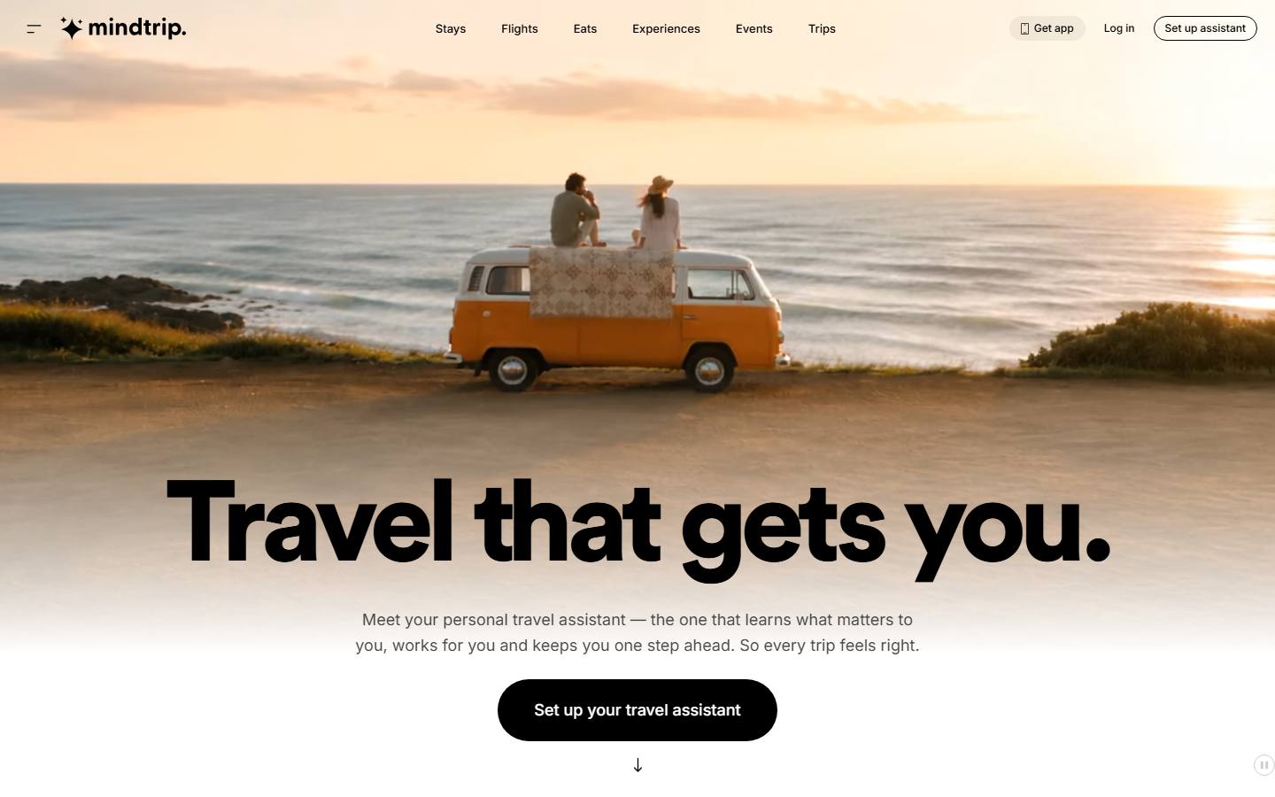 Mindtrip's homepage hero on 8 October 2026, with the headline 'Travel that gets you.'