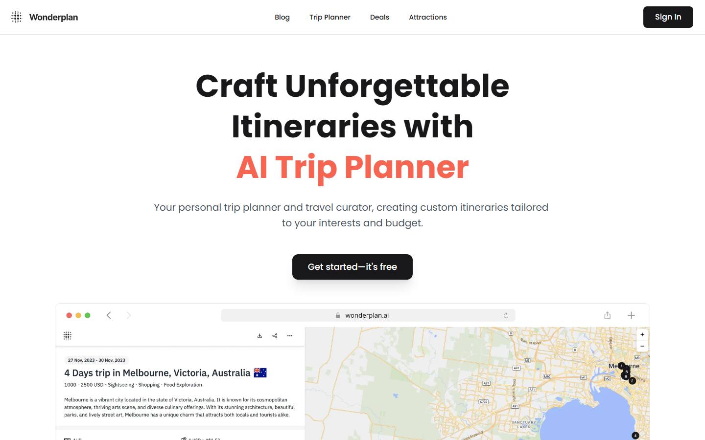 Wonderplan's homepage on 8 October 2026, showing its AI trip planner hero next to a sample itinerary.