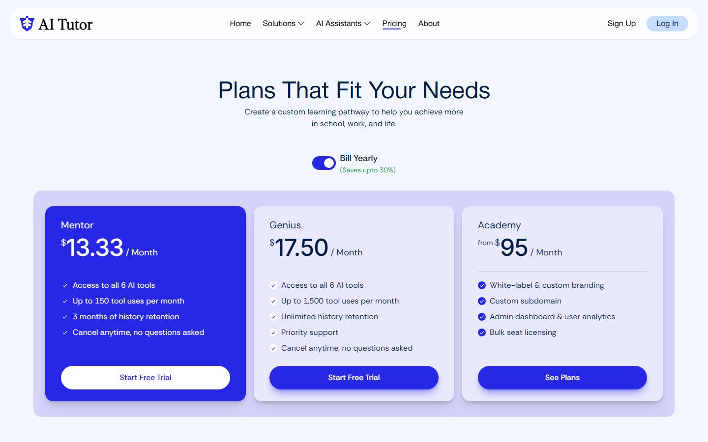 AI Tutor's pricing page at ai-tutor.ai on 8 October 2026 in its default yearly view, showing Mentor at $13.33, Genius at $17.50 and Academy from $95 a month.