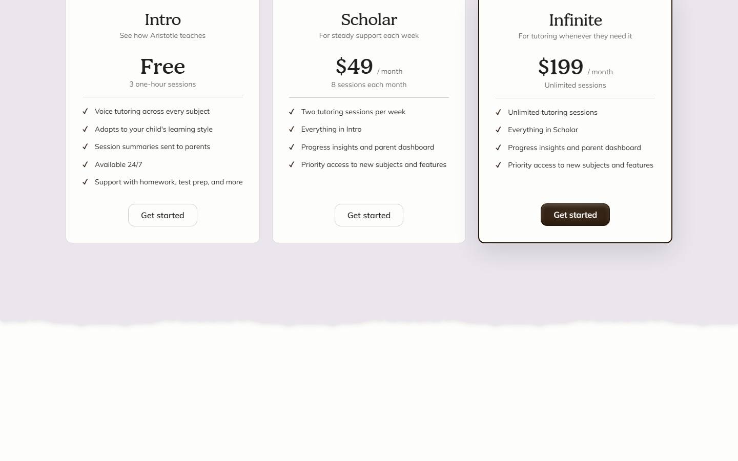 Aristotle's pricing page on 8 October 2026, showing the free Intro plan, Scholar at $49 a month and Infinite at $199 a month.