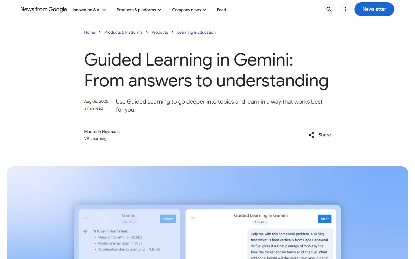 Google's 6 August 2025 announcement of Guided Learning in Gemini, captured on 8 October 2026, showing a before-and-after Gemini conversation.