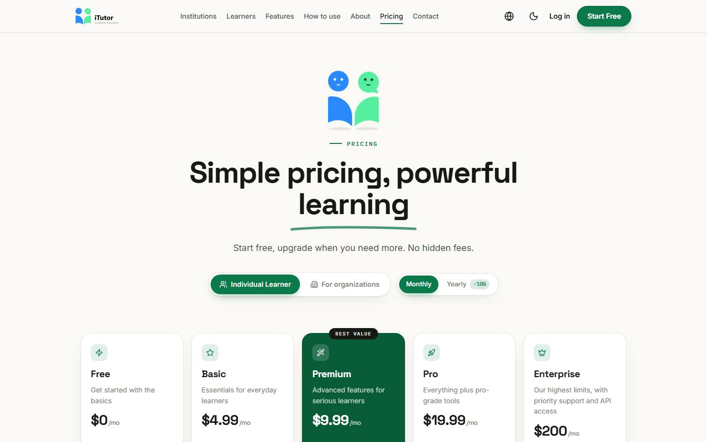 iTutor's pricing page on 8 October 2026 in its default monthly view, with five plans running from $0 to $200 a month.