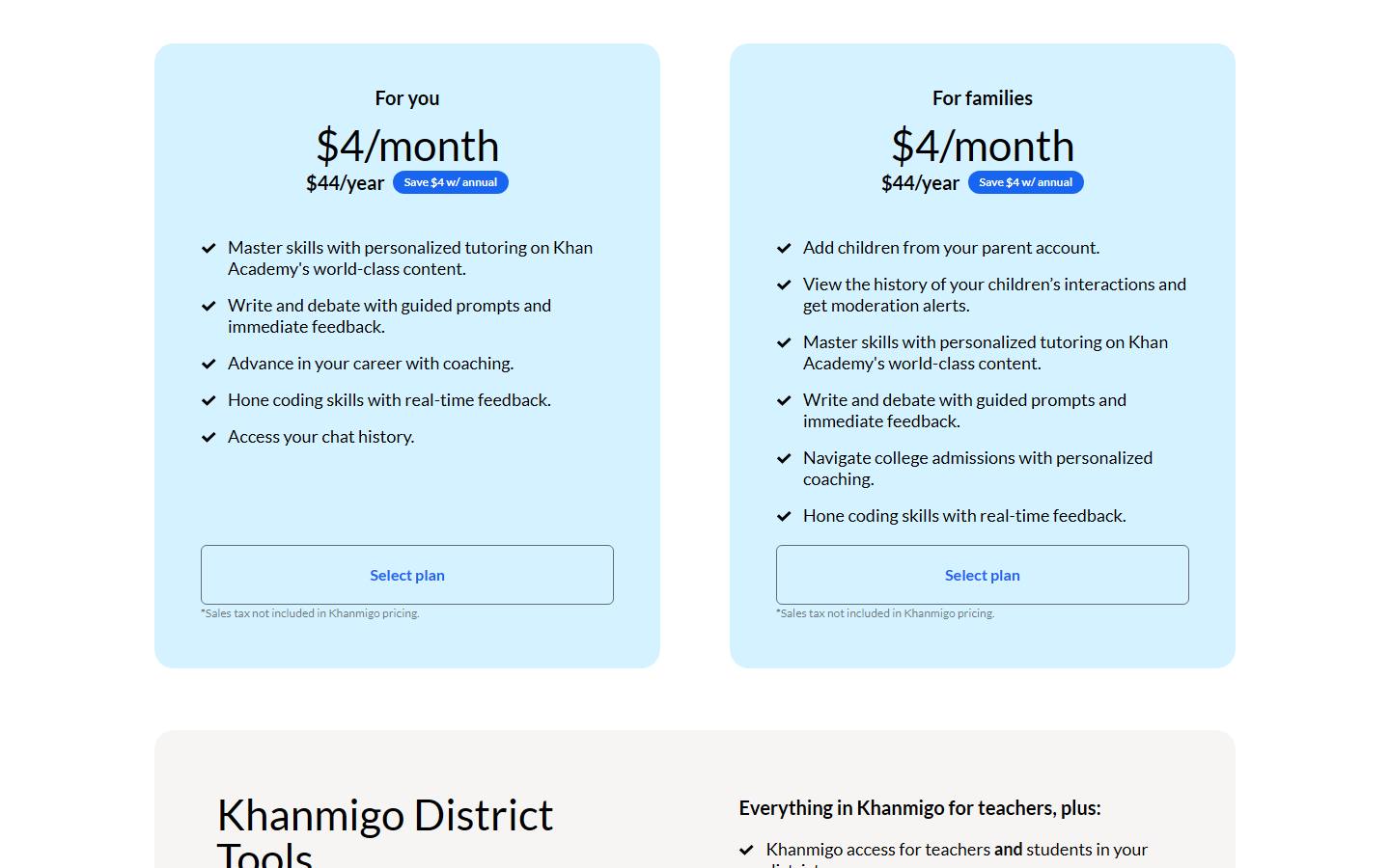 Khanmigo's pricing page on 8 October 2026, showing the For you and For families plans at $4 a month or $44 a year.
