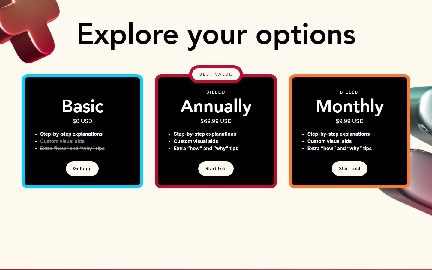 Photomath's plan cards on 8 October 2026, with two Basic features struck through and paid prices of $69.99 a year or $9.99 a month.
