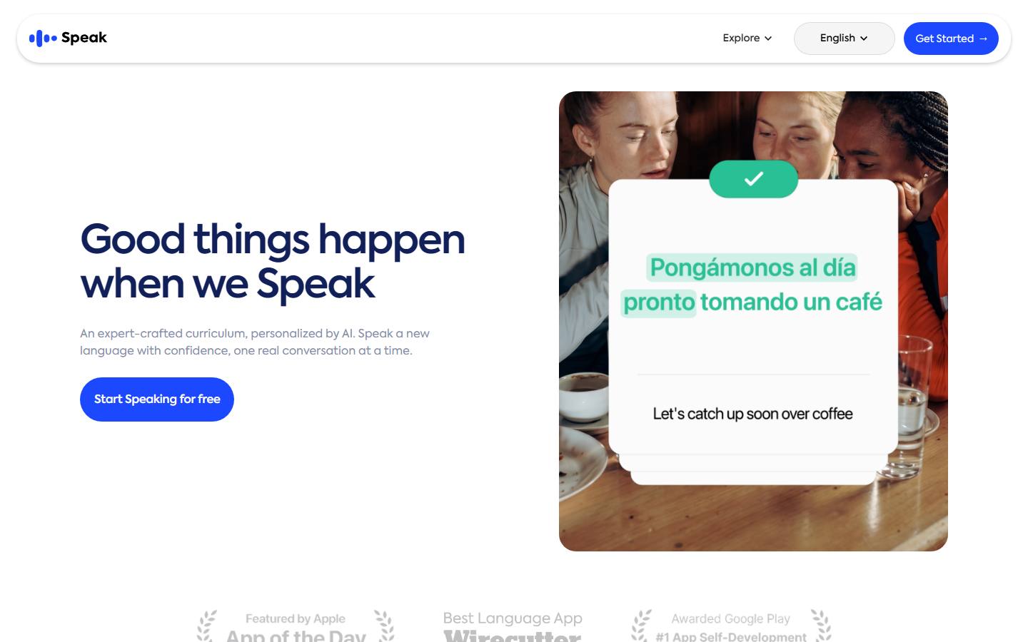 Speak's homepage on 8 October 2026, headlined Good things happen when we Speak.