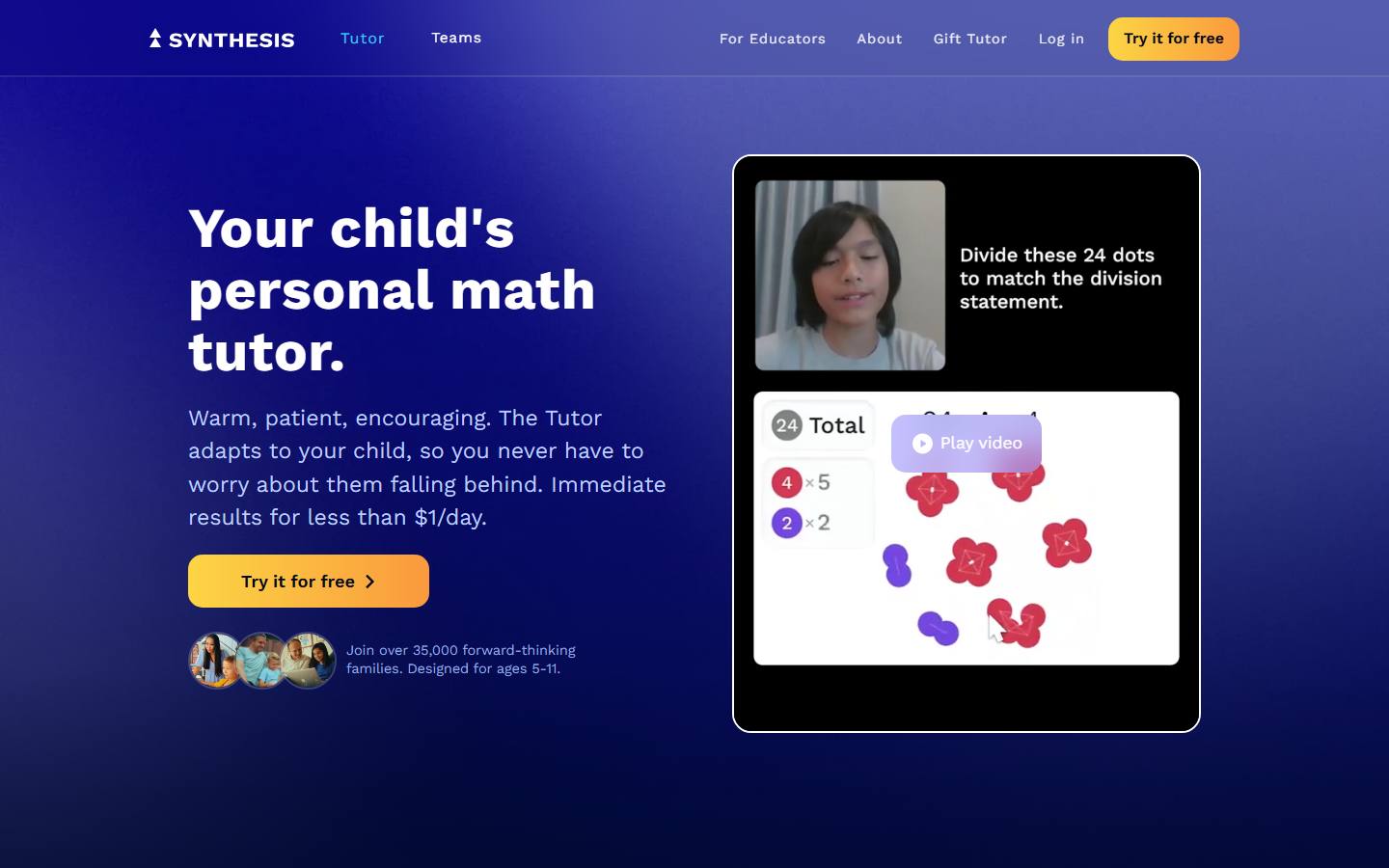 The Synthesis Tutor page on 8 October 2026, headlined as a child's personal math tutor designed for ages 5 to 11.