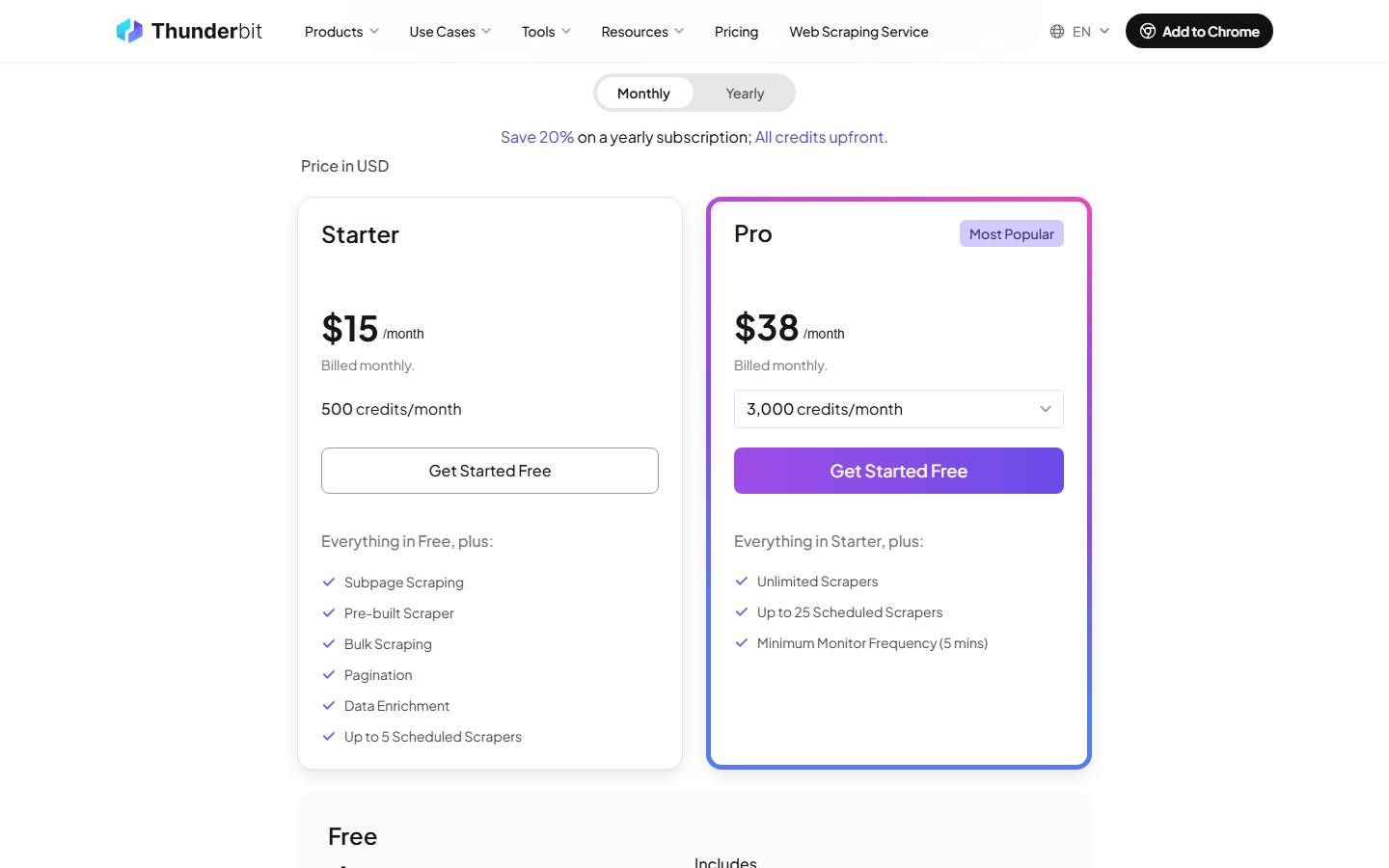 Thunderbit pricing page, captured 17 October 2026, showing monthly billing in US dollars with Starter at $15 a month for 500 credits and Pro at $38 a month for 3,000 credits.