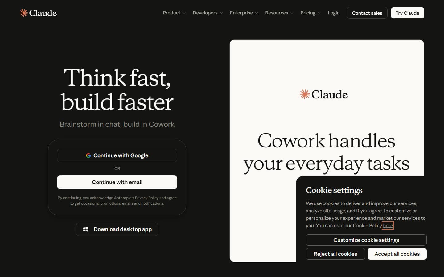Claude's homepage on 6 October 2026, headlined 'Think fast, build faster', with Google and email sign-in buttons next to a panel reading 'Cowork handles your everyday tasks' and a cookie settings box in the corner.