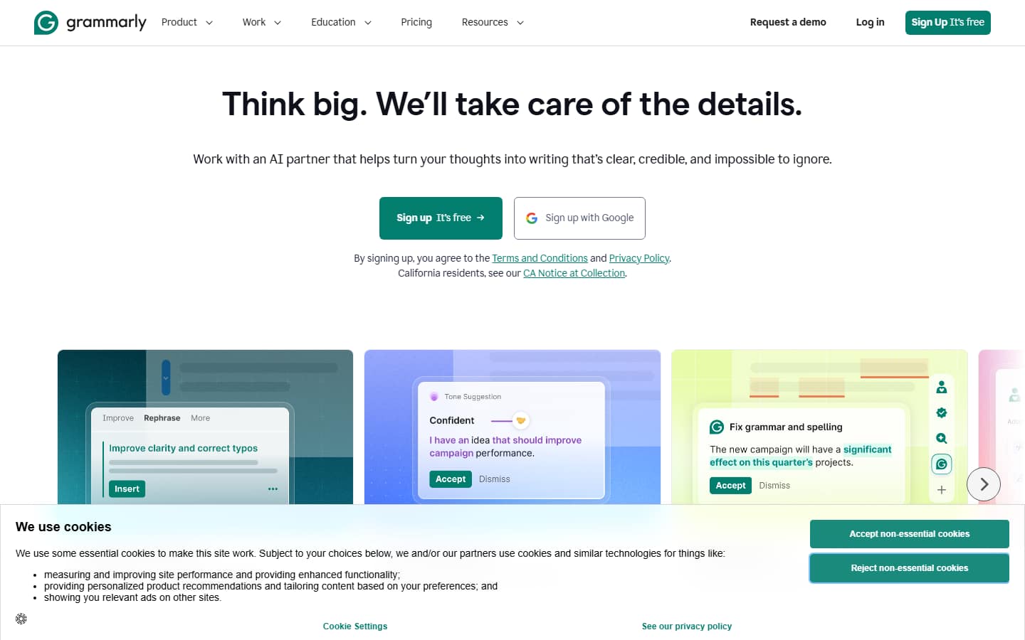 Grammarly's homepage on 6 October 2026, headlined 'Think big. We'll take care of the details.', with sign-up buttons above preview cards for rephrasing, a tone suggestion and a grammar fix, partly covered by a cookie notice.