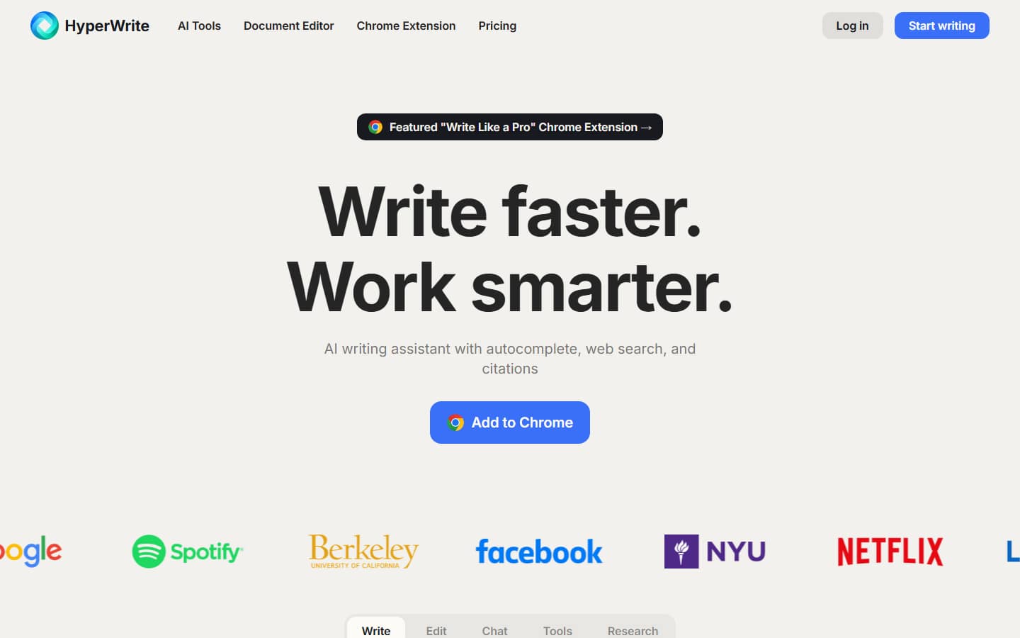HyperWrite's homepage on 6 October 2026, headlined 'Write faster. Work smarter.', describing an AI writing assistant with autocomplete, web search and citations above a blue Add to Chrome button.