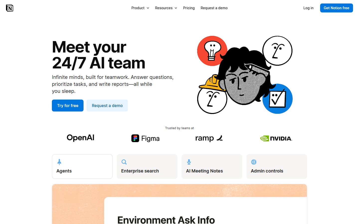 Notion's AI product page on 6 October 2026, headlined 'Meet your 24/7 AI team', with an illustration of a person surrounded by icons and tiles for Agents, Enterprise search, AI Meeting Notes and Admin controls.