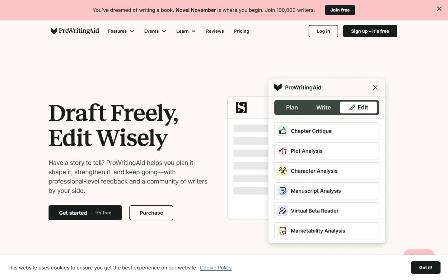 ProWritingAid's homepage on 6 October 2026, headlined 'Draft Freely, Edit Wisely', beside a panel listing manuscript tools including Chapter Critique, Plot Analysis, Character Analysis and Manuscript Analysis.
