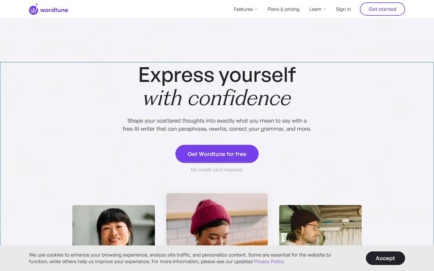 Wordtune's homepage on 6 October 2026, headlined 'Express yourself with confidence', with a purple 'Get Wordtune for free' button and a note that no credit card is required.