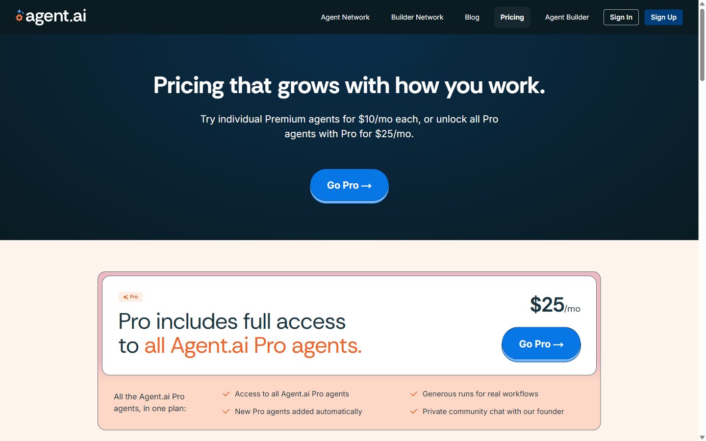 agent.ai's pricing page as the Internet Archive captured it on 1 June 2026: Premium agents at $10 a month each, or every Pro agent for $25 a month.
