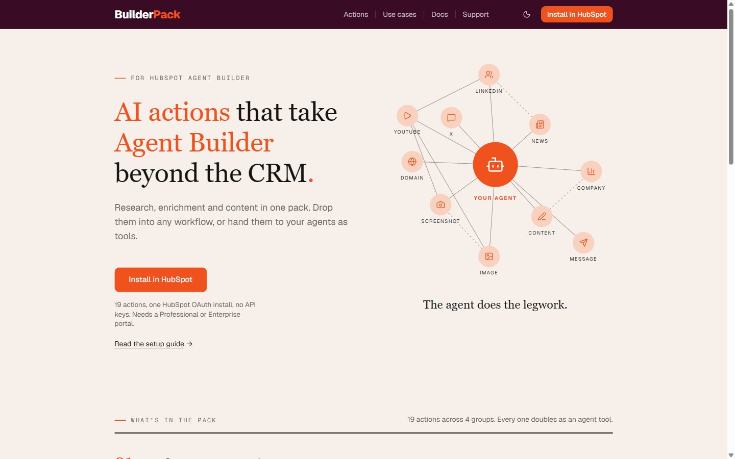 builderpack.com on 10 October 2026, the page every agent.ai link now redirects to: AI actions for HubSpot Agent Builder, 19 actions, one HubSpot OAuth install.