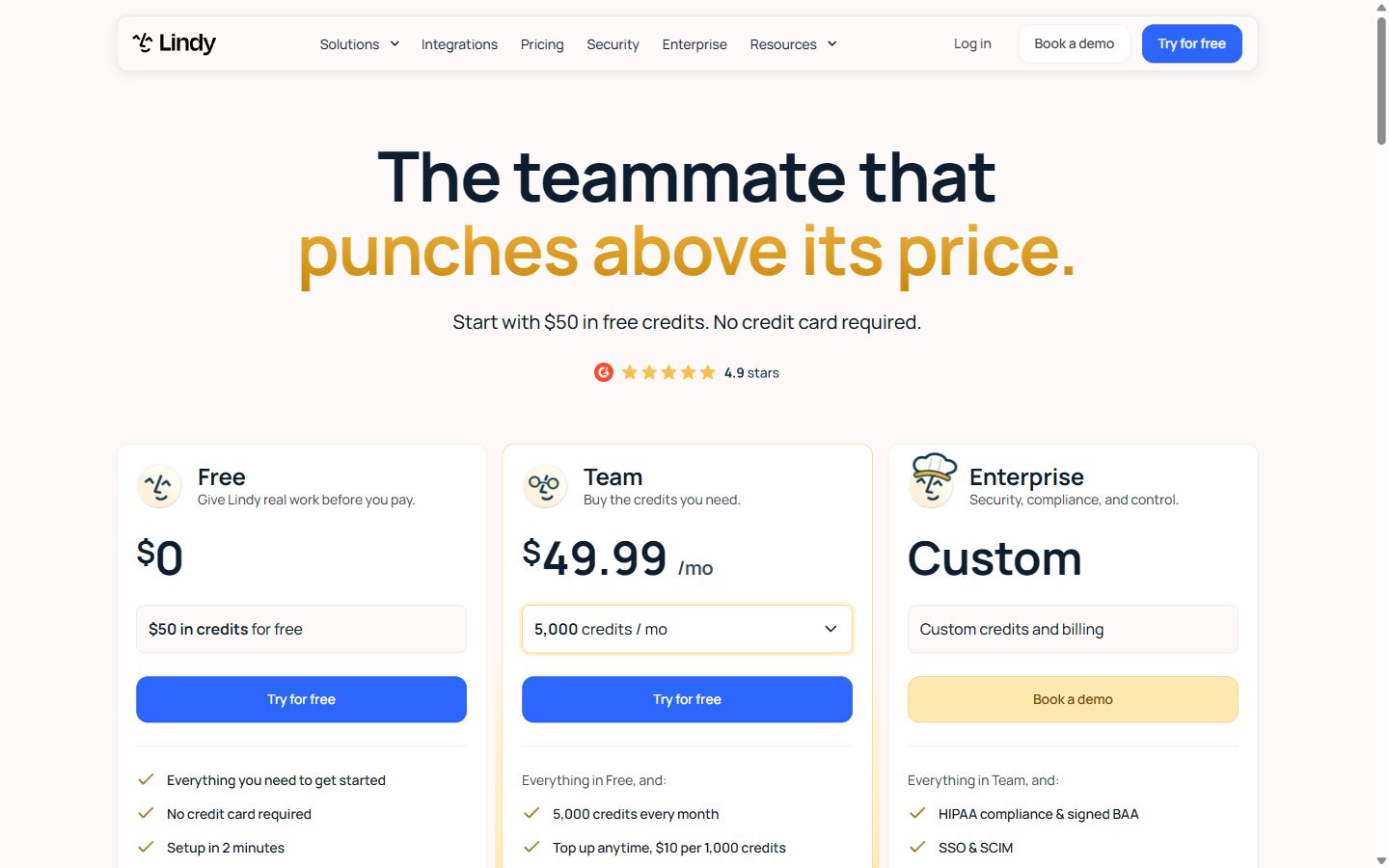Lindy's pricing page on 10 October 2026: Free with $50 in credits, Team at $49.99 a month for 5,000 credits, Enterprise on request.