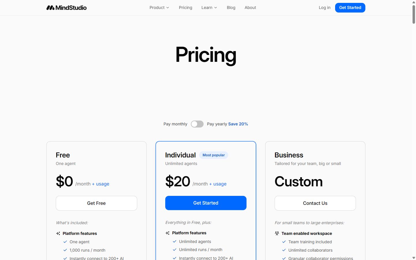 MindStudio's pricing page on 10 October 2026: Free with one agent at $0 a month plus usage, Individual with unlimited agents at $20 a month plus usage, and custom Business pricing.