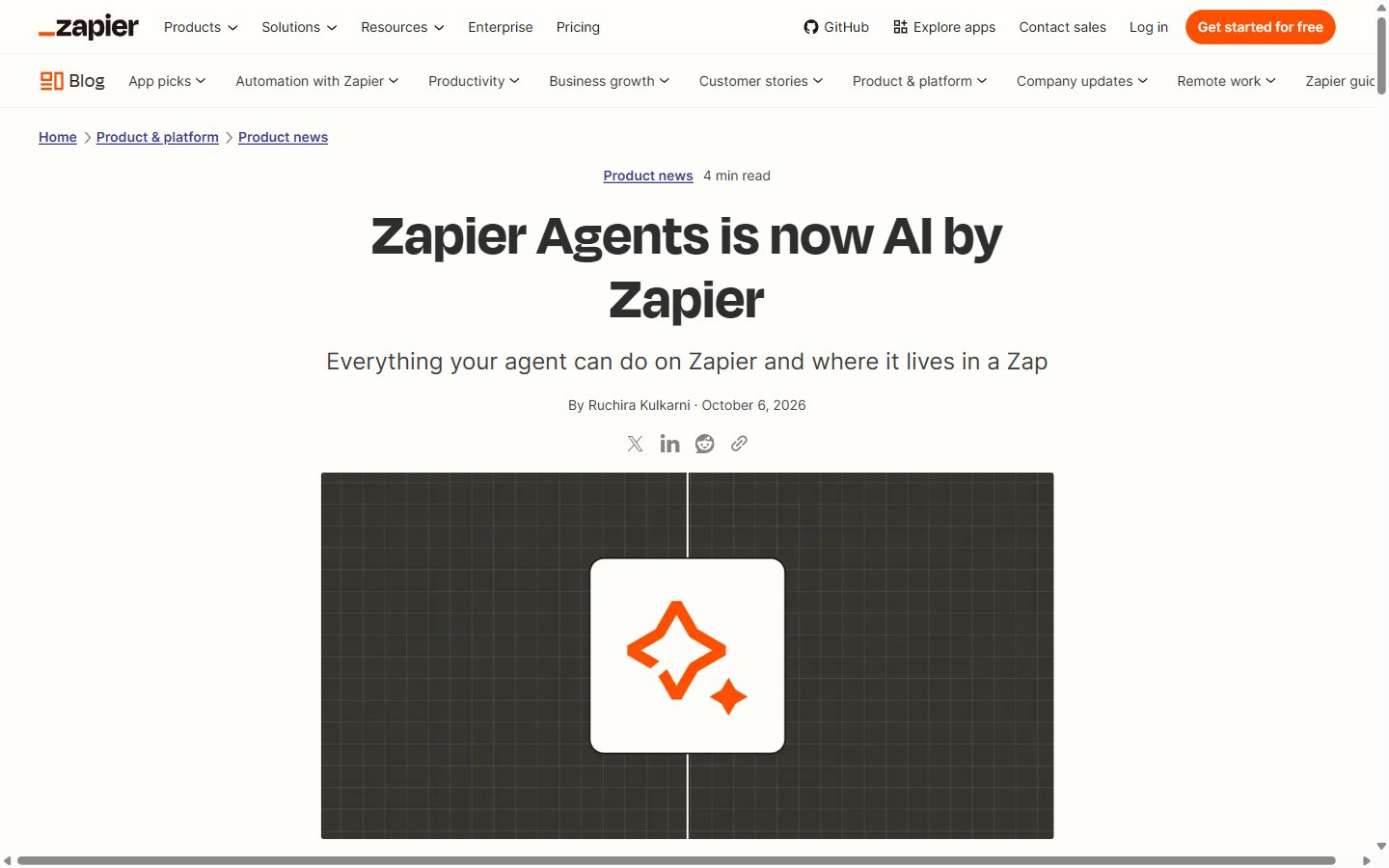Zapier's announcement of 6 October 2026, Zapier Agents is now AI by Zapier, by Ruchira Kulkarni.