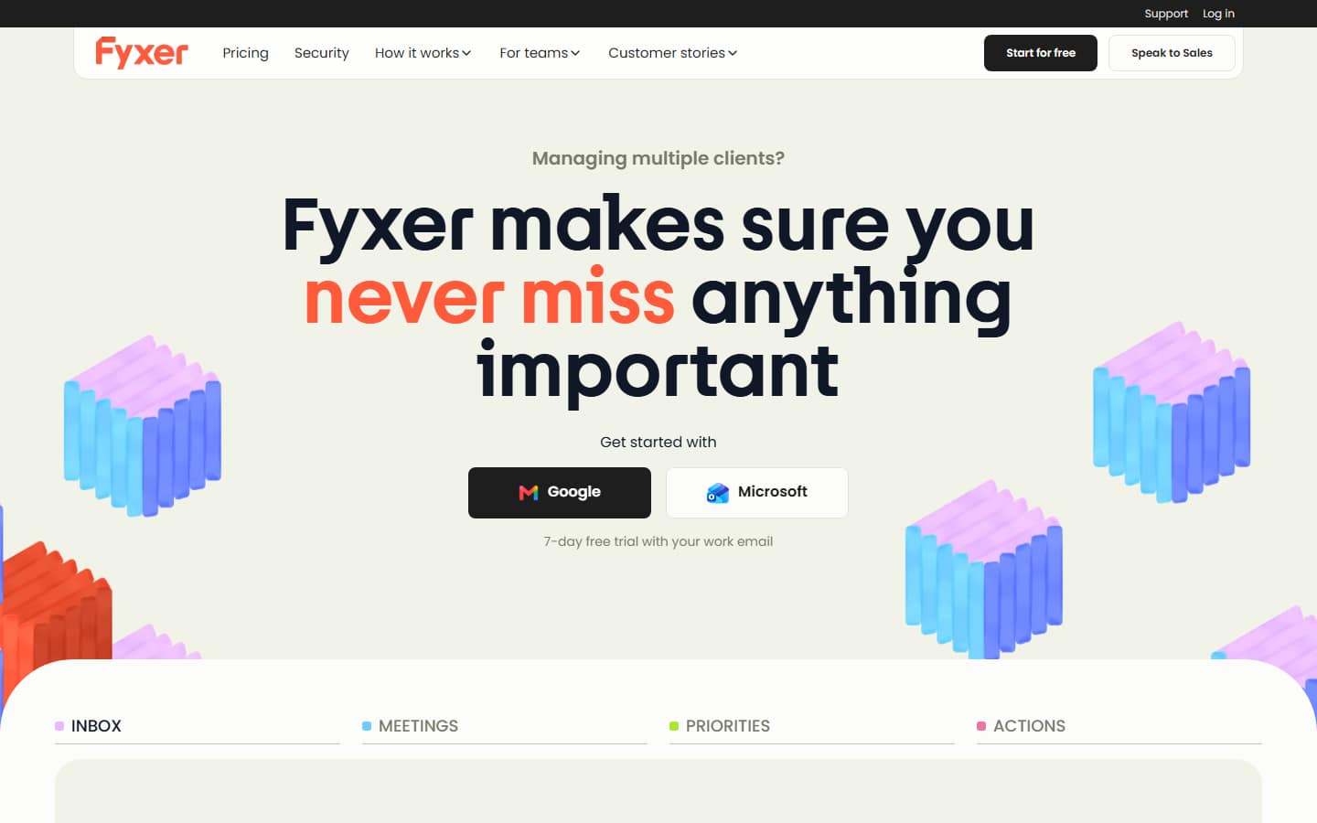Fyxer AI's homepage on 17 September 2026, headlined Fyxer makes sure you never miss anything important, with sign-up through Google or Microsoft.
