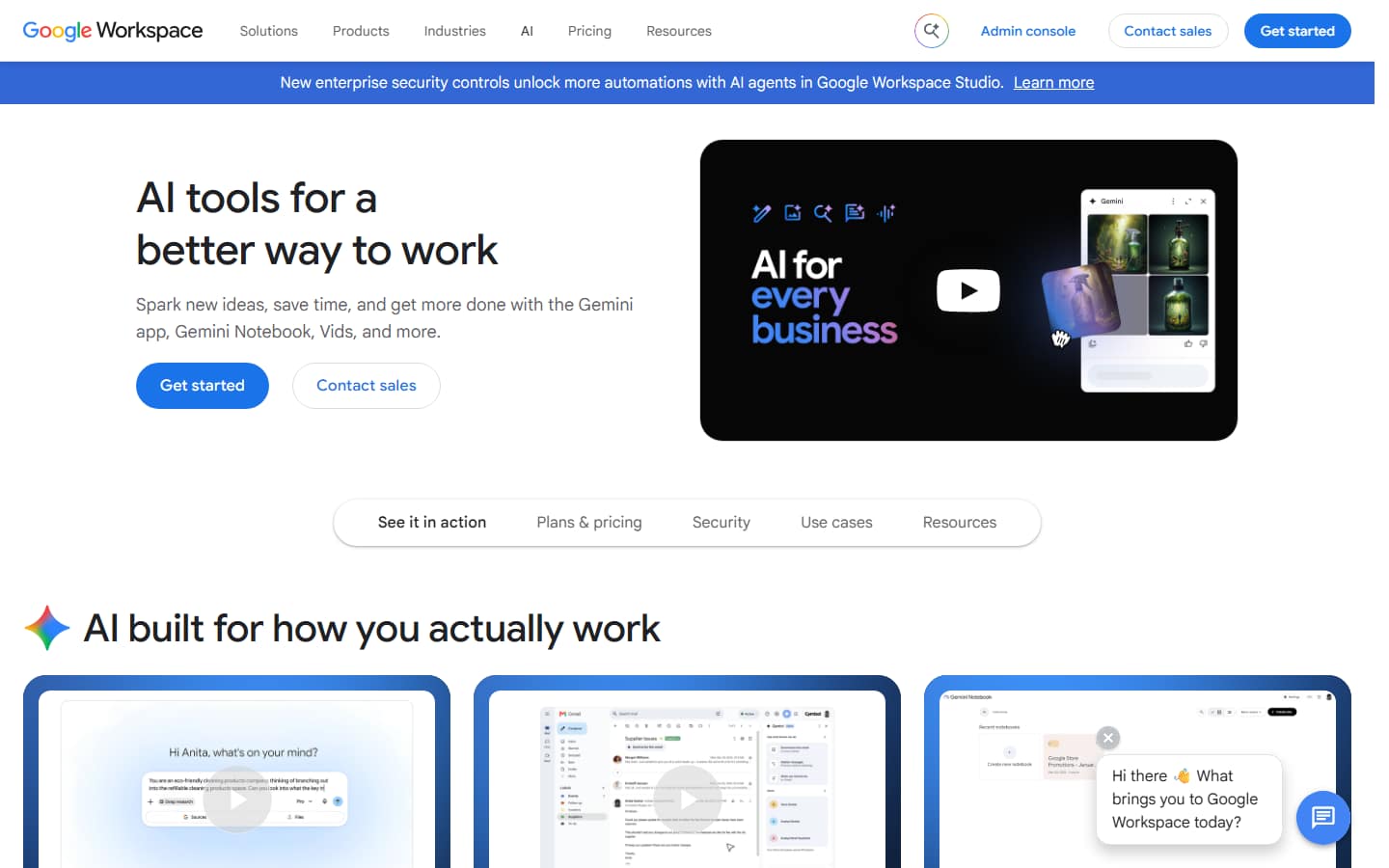 Google Workspace's AI page on 17 September 2026, headlined AI tools for a better way to work.
