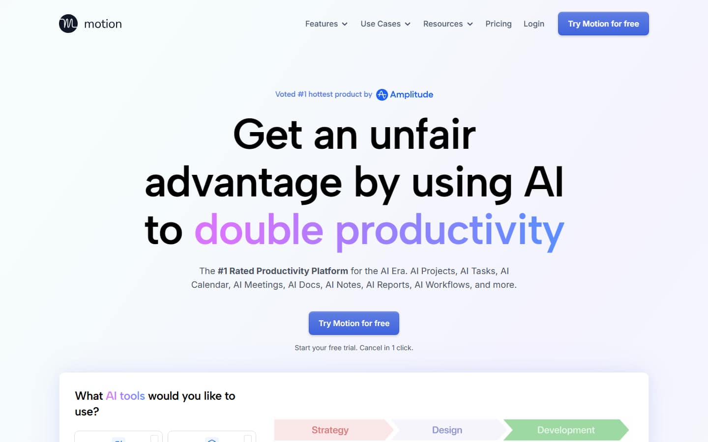 Motion's homepage on 17 September 2026, headlined Get an unfair advantage by using AI to double productivity.