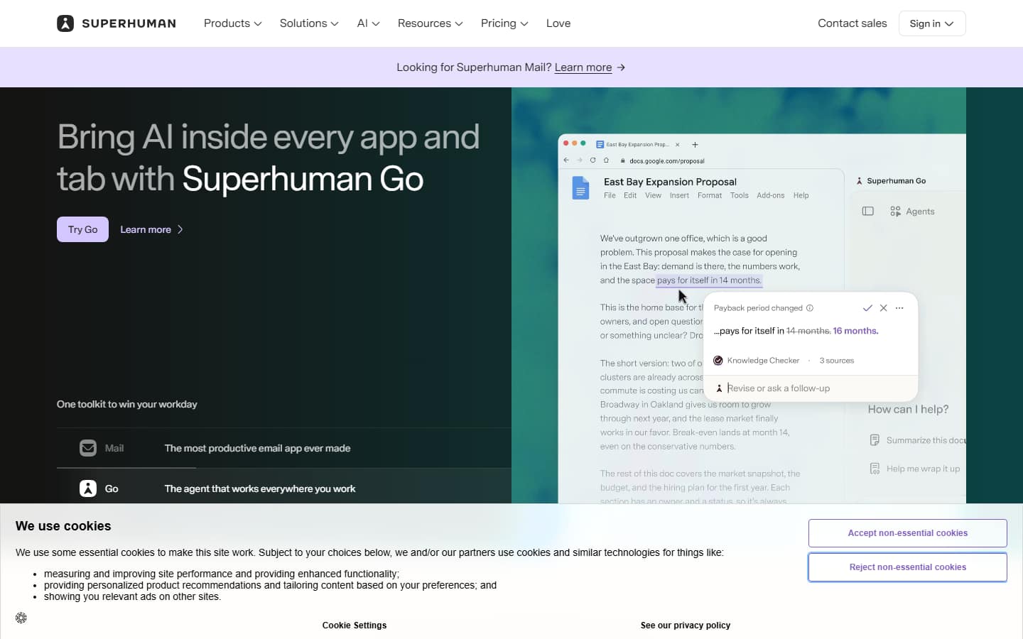 Superhuman's homepage on 17 September 2026, leading with Superhuman Go, an AI assistant across apps, plus a link for anyone looking for Superhuman Mail.
