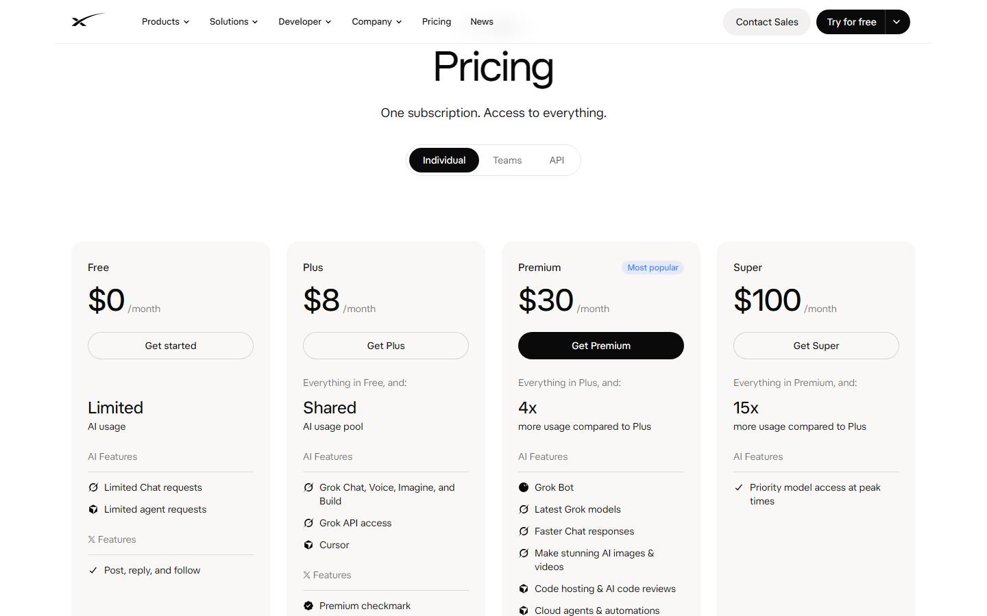 xAI's pricing page for The X Subscription, captured 16 October 2026, showing Free at $0, Plus at $8, Premium at $30 marked Most popular, and Super at $100 a month.