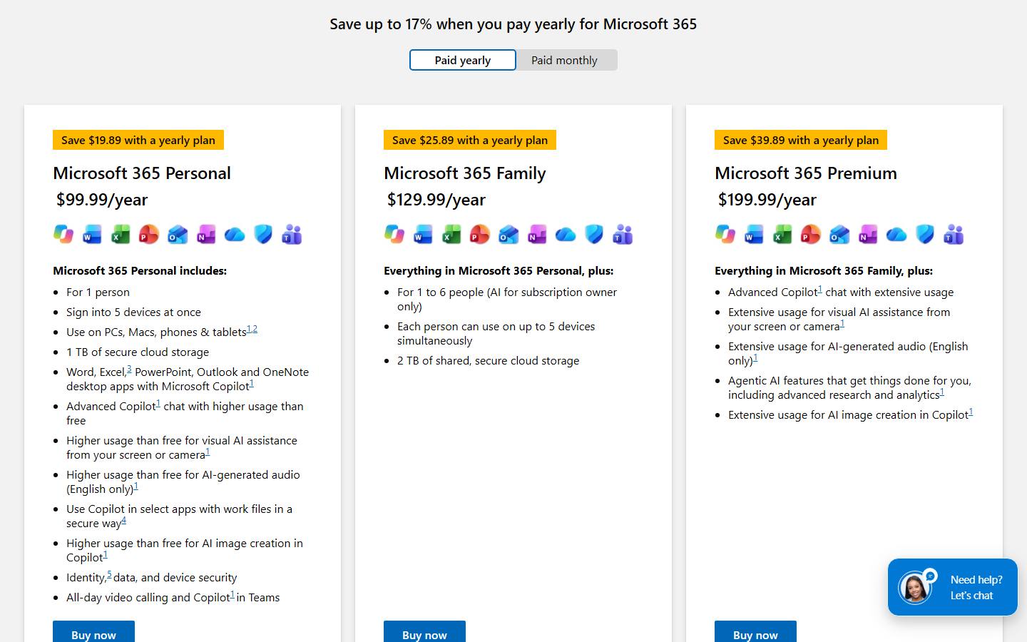 Microsoft's Microsoft 365 comparison page, captured 16 October 2026 with Paid yearly selected, showing Personal at $99.99 a year, Family at $129.99 a year with AI for the subscription owner only, and Premium at $199.99 a year.