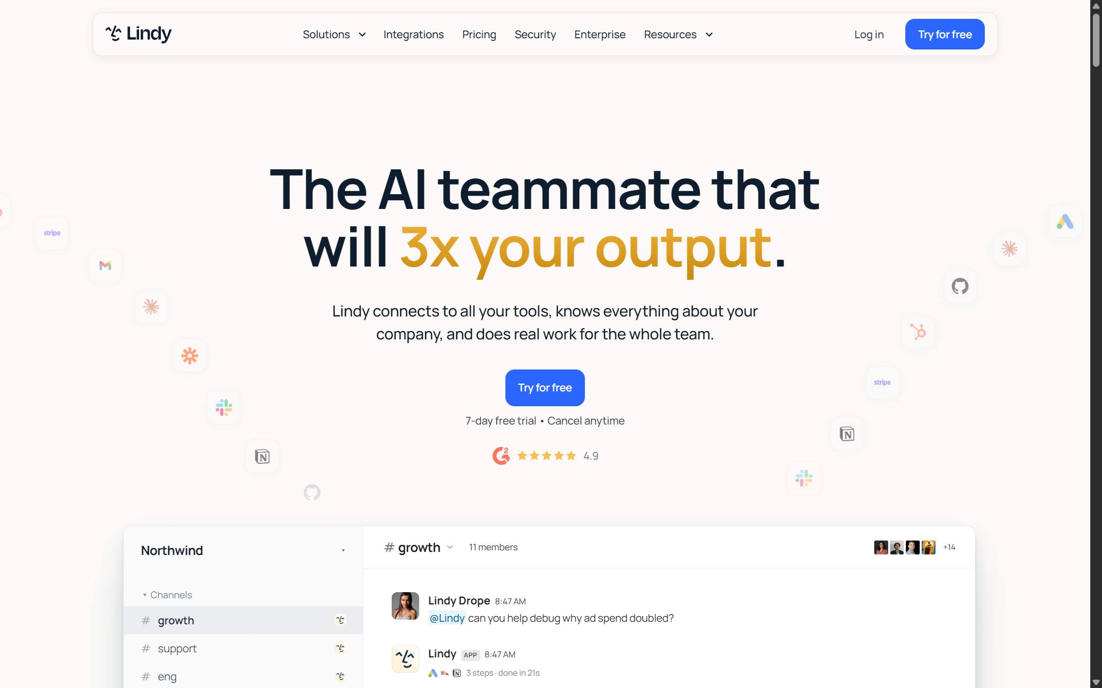 Lindy's homepage on 11 September 2026, AI assistants for email, meetings and Slack