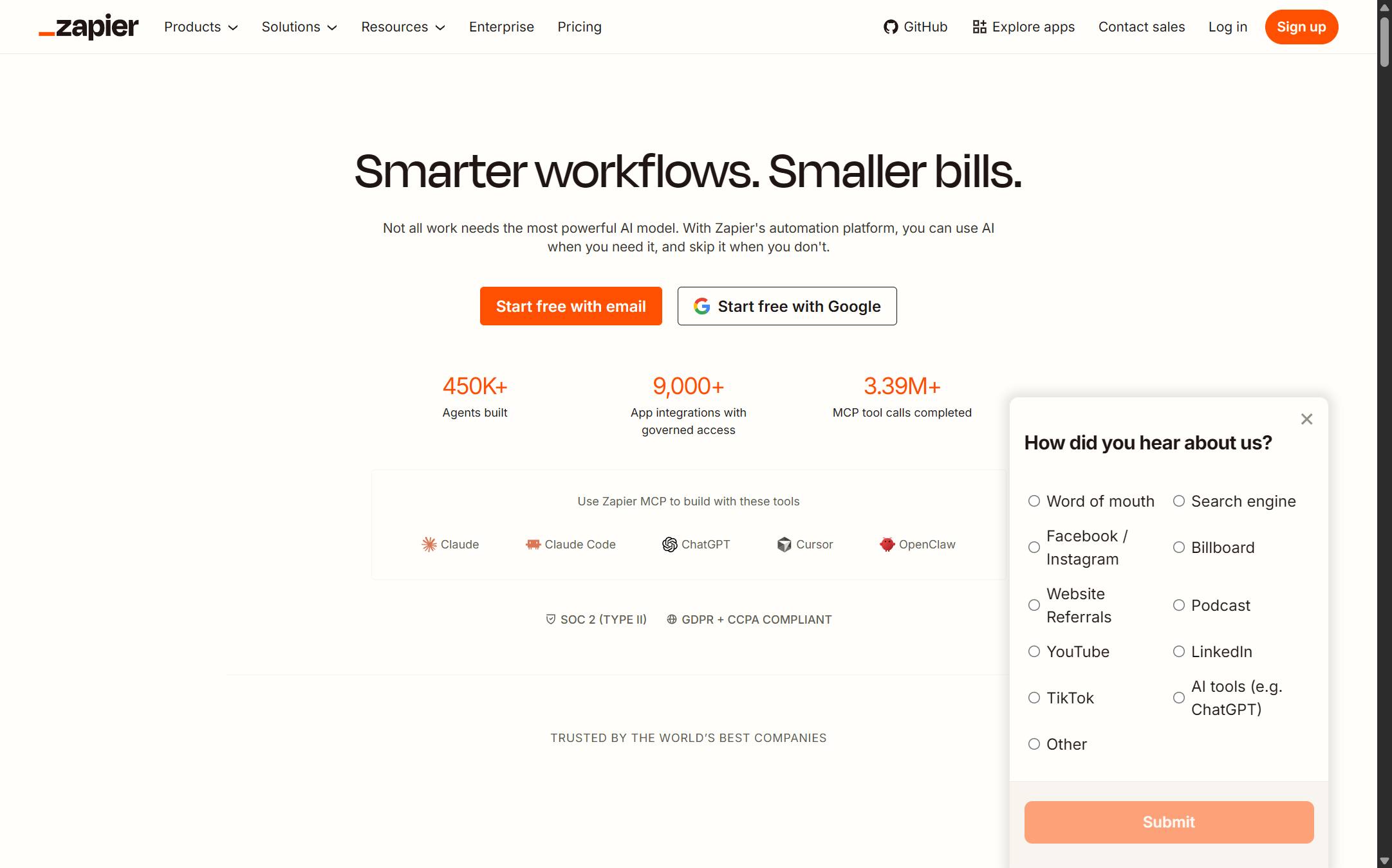 Zapier's homepage on 11 September 2026, pitching AI workflows and agents