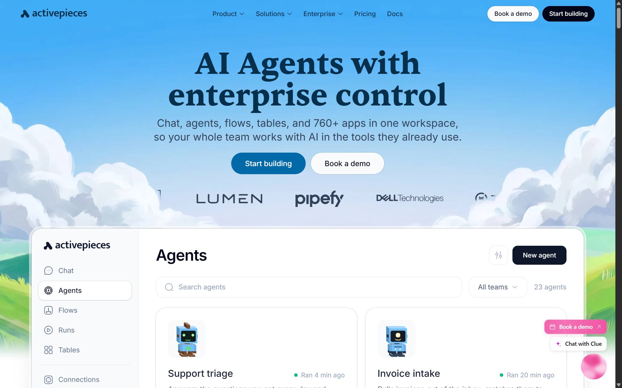 The Activepieces front page as I read it on 11 September 2026, offering chat, agents, flows, tables and 760+ apps in one workspace, above a screenshot of its agent list.
