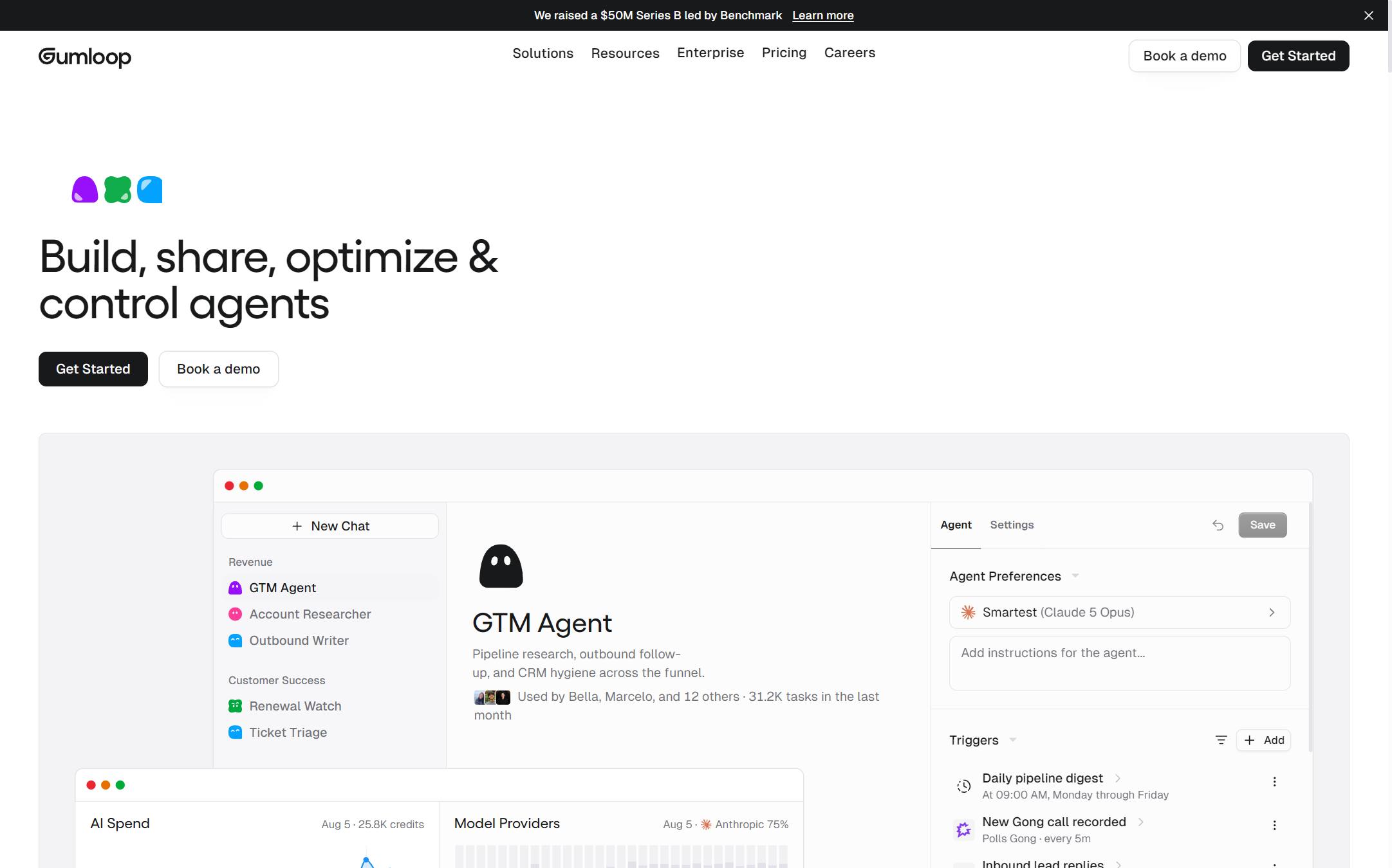 Gumloop's front page as I read it on 11 September 2026, headlined Build, share, optimize and control agents, above a product shot listing named agents and an AI spend panel.