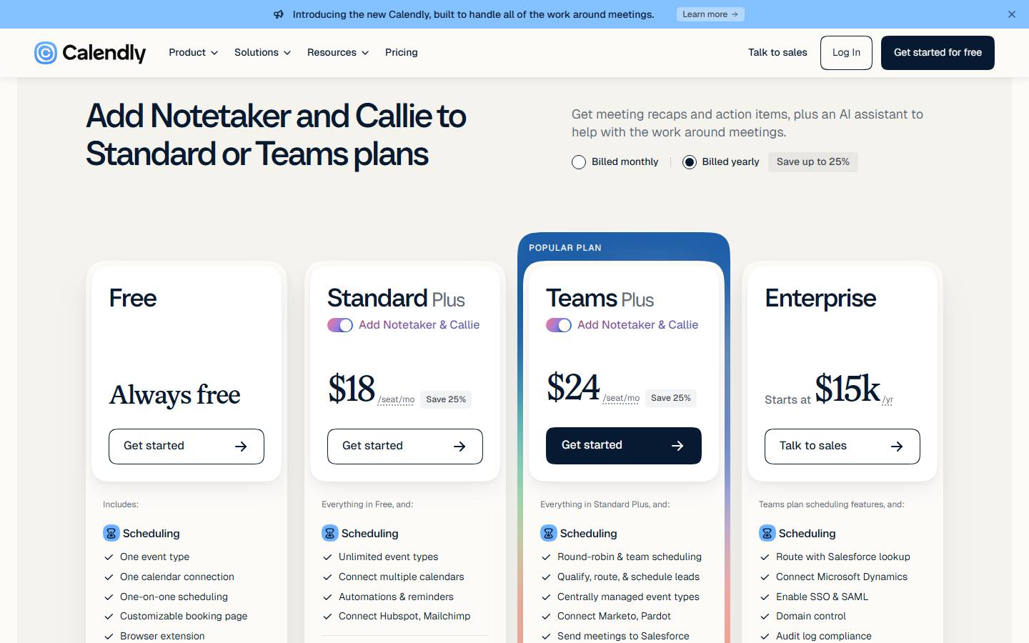 Calendly's pricing page on yearly billing with the Add Notetaker and Callie switch on, read 27 October 2026, showing the cards renamed Standard Plus at $18 a seat a month and Teams Plus at $24 a seat a month, each with a Save 25% badge, and Enterprise unchanged.