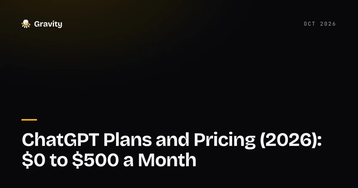 Typographic cover card reading ChatGPT Plans and Pricing (2026): $0 to $500 a Month on a dark background, with the Gravity wordmark and Oct 2026 at the top.