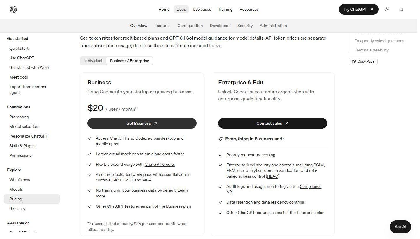 OpenAI's ChatGPT pricing documentation, Business and Enterprise tab, captured 13 October 2026, showing Business at $20 per user per month for two or more users billed annually or $25 per user per month billed monthly, beside an Enterprise and Edu card with a Contact sales button.