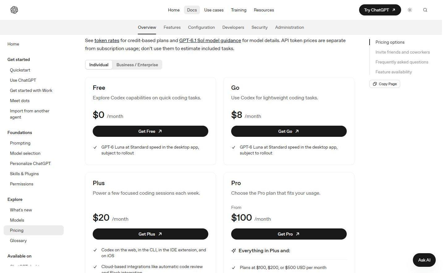 OpenAI's ChatGPT pricing documentation on 13 October 2026, Individual tab, showing Free at $0 a month, Go at $8, Plus at $20 and Pro from $100, with Pro plans at $100, $200 or $500 USD per month.