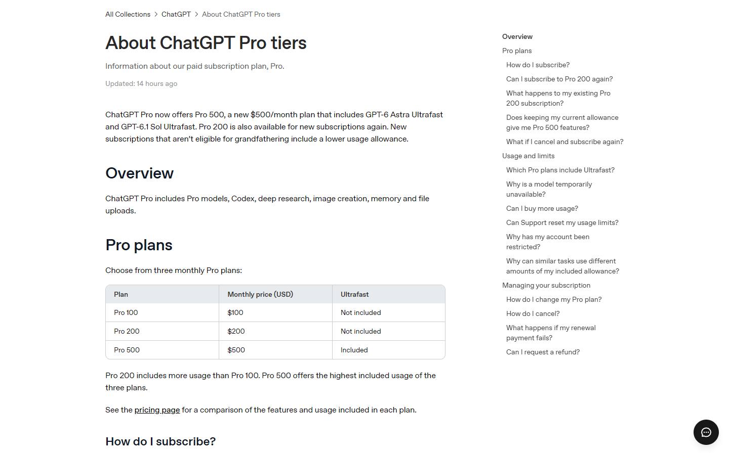 OpenAI's About ChatGPT Pro tiers help article, captured 13 October 2026, with a Pro plans table listing Pro 100 at $100, Pro 200 at $200 and Pro 500 at $500 a month, and Ultrafast included only on Pro 500.