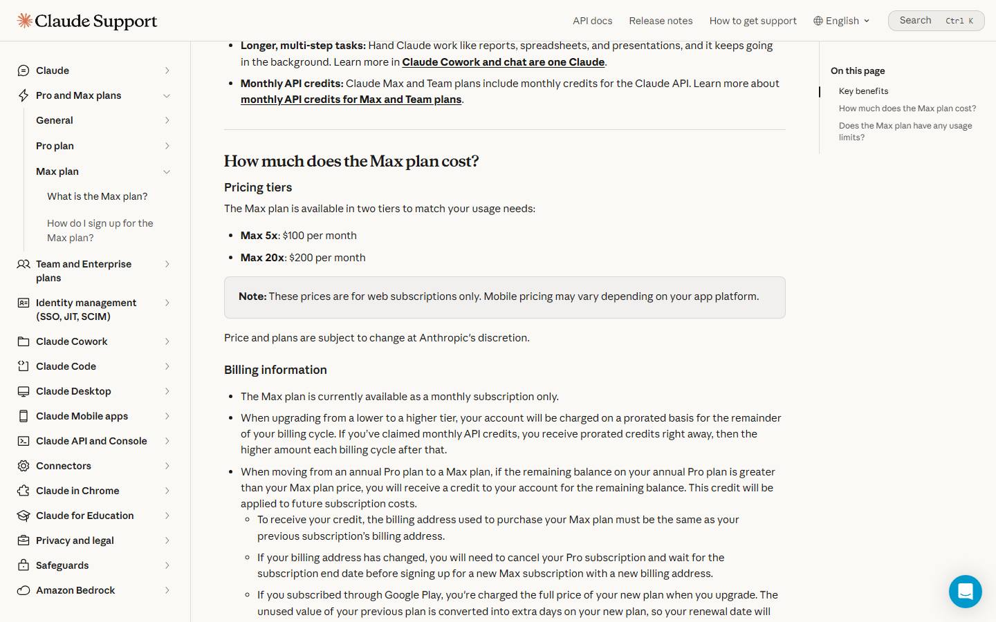 Anthropic's Max plan help article, captured 13 October 2026, showing the Pricing tiers block with Max 5x at $100 per month and Max 20x at $200 per month, and a note that Max is available as a monthly subscription only.