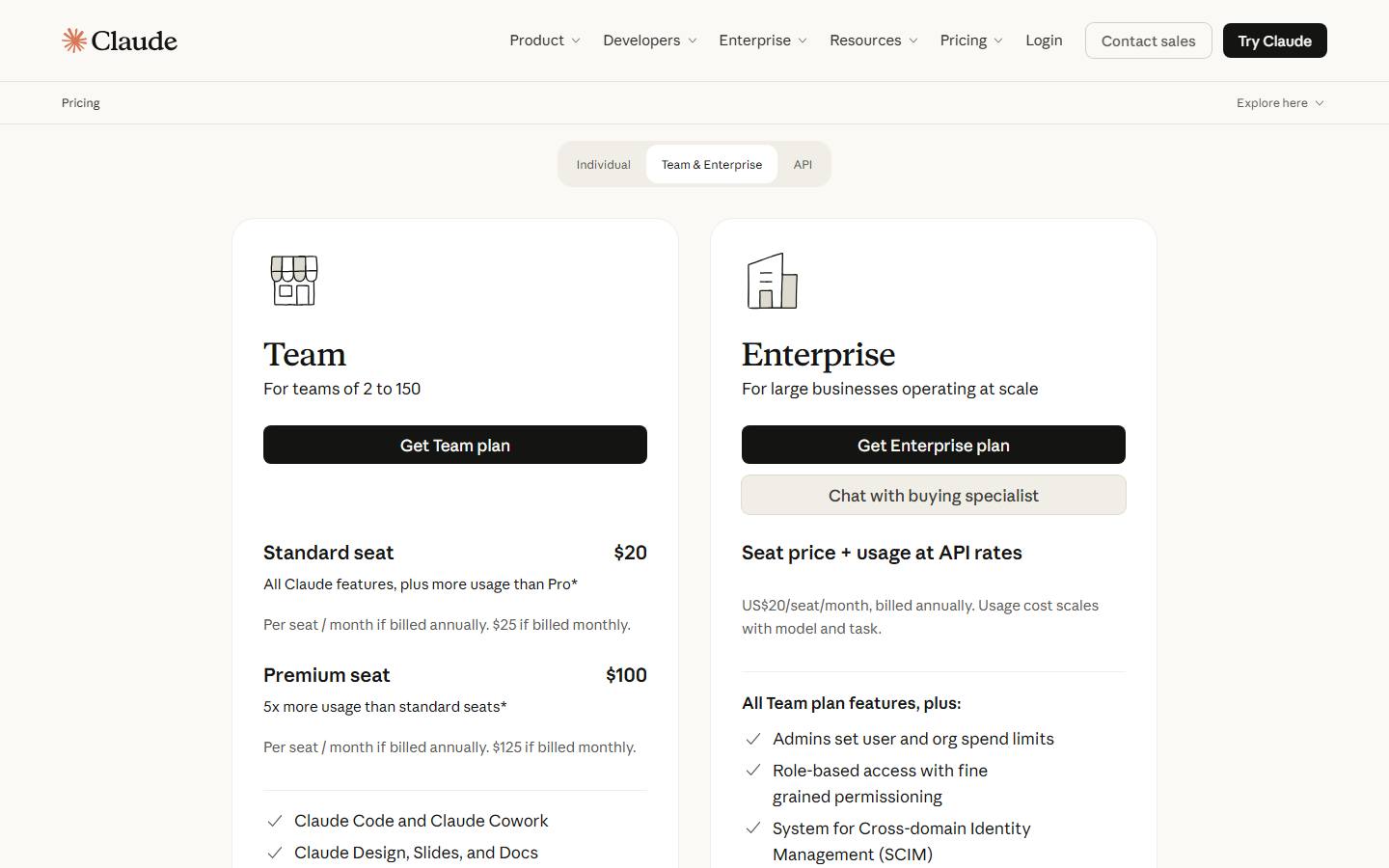 Claude's pricing page, Team and Enterprise tab, captured 13 October 2026, showing Team for teams of 2 to 150 with Standard seats at $20 or $25 if billed monthly, Premium seats at $100 or $125 if billed monthly, and Enterprise at US$20 per seat per month billed annually plus usage at API rates.