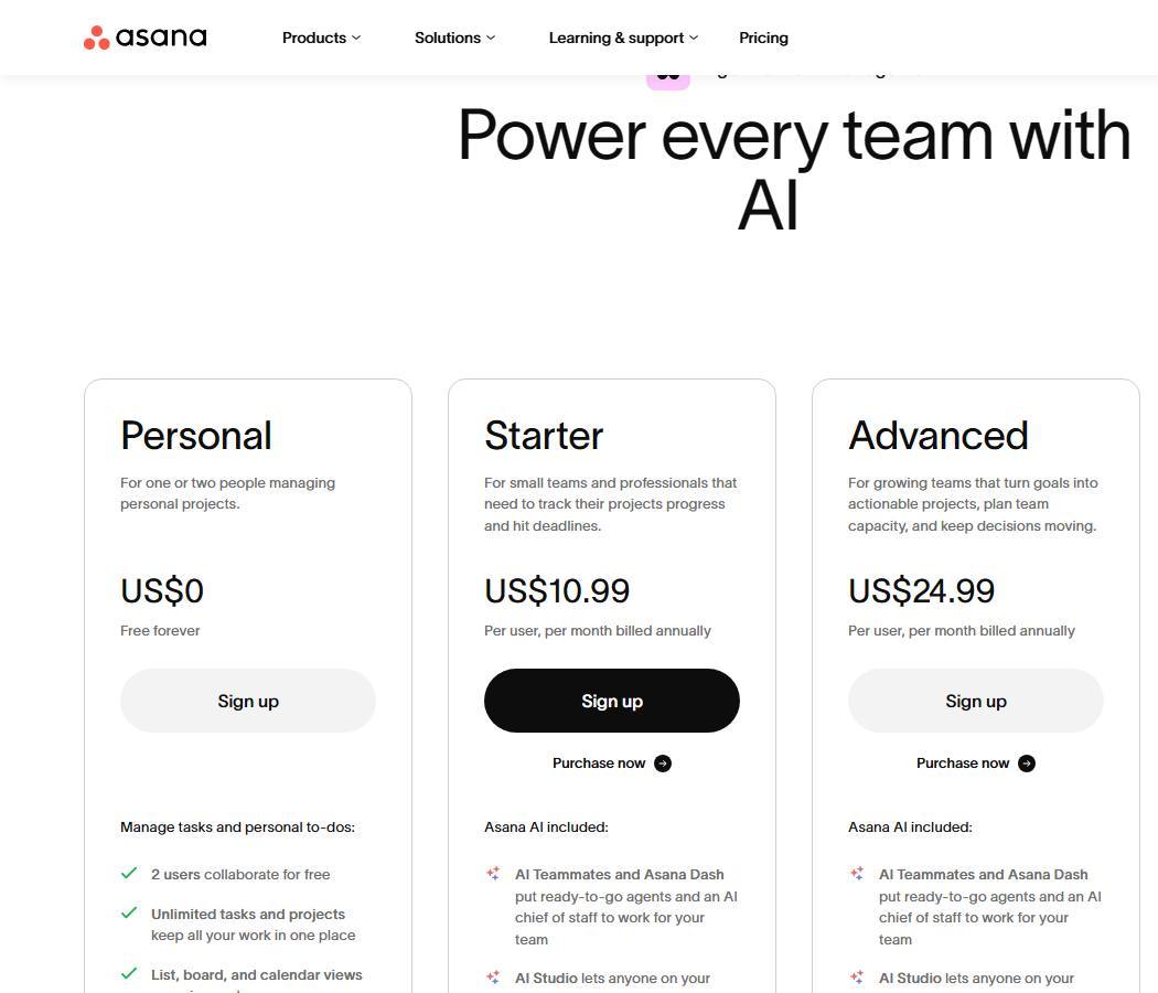 Asana's pricing page on 27 October 2026, showing Personal at US$0 free forever, Starter at US$10.99 and Advanced at US$24.99 a user a month billed annually.