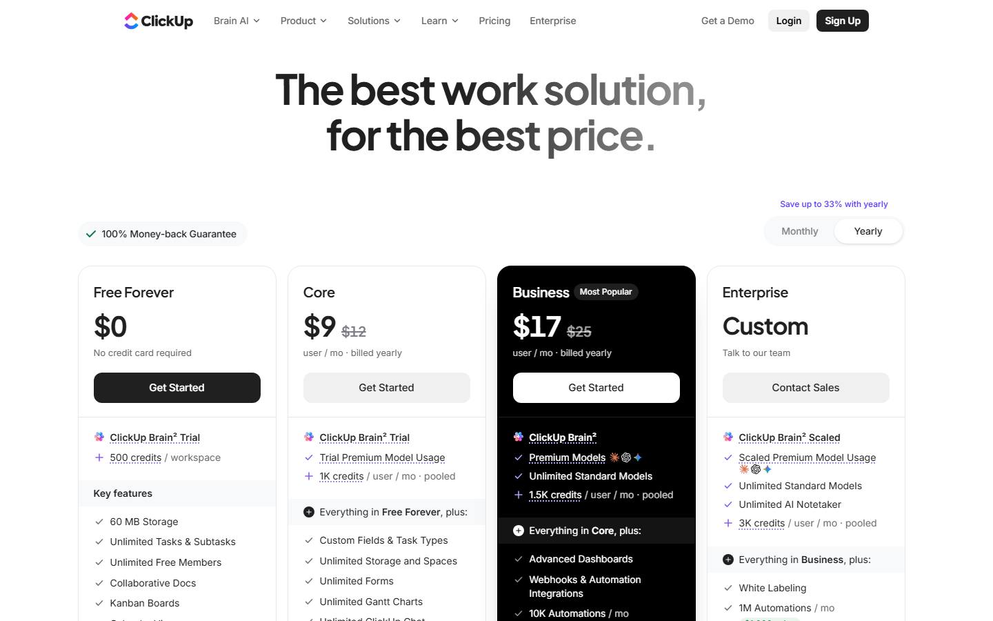 ClickUp's pricing page showing its new plans in the default yearly view on 27 October 2026, with Free Forever at $0, Core at $9 and Business at $17 a user a month billed yearly beside struck-through prices of $12 and $25, and Enterprise at Custom.